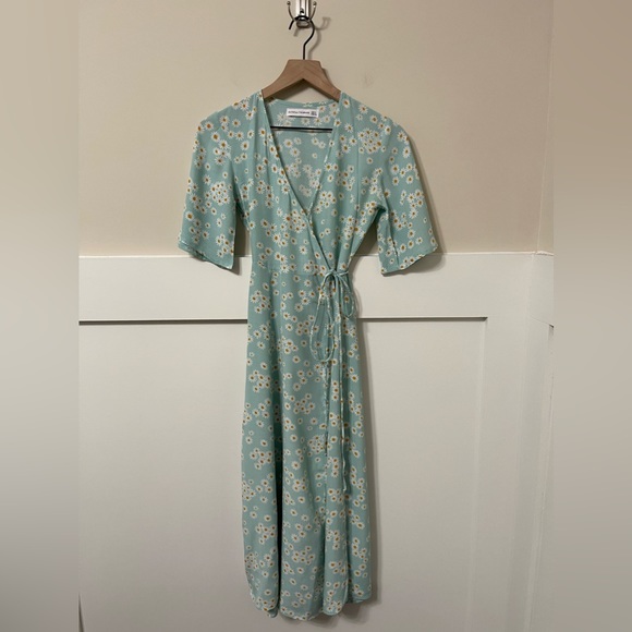 Faithfull The Brand Seafoam Green & Yellow Sunflower Midi Wrap Dress Size 2 - Picture 3 of 8